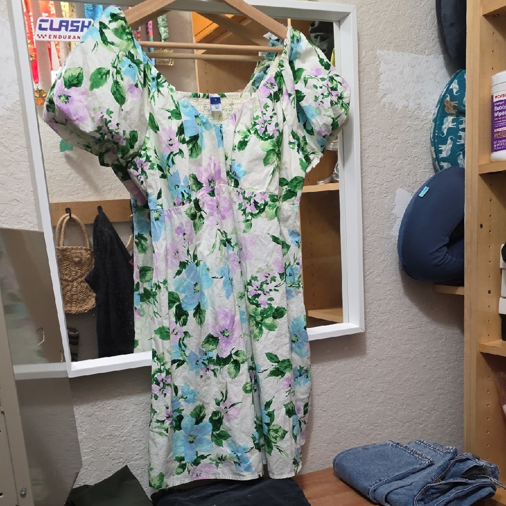 Old Navy Floral Puff Sleeve Dress - Green and Blue Size M